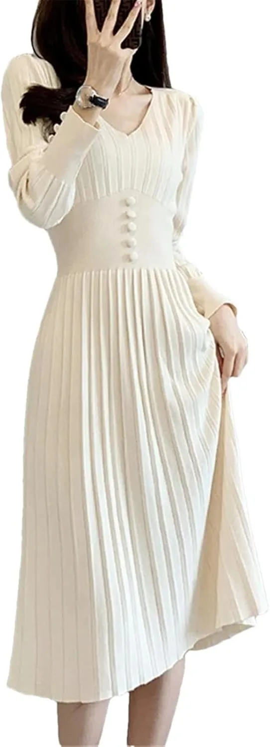 Women's Solid Knit Midi Dress - V-Neck Long Sleeve Button Slim Party