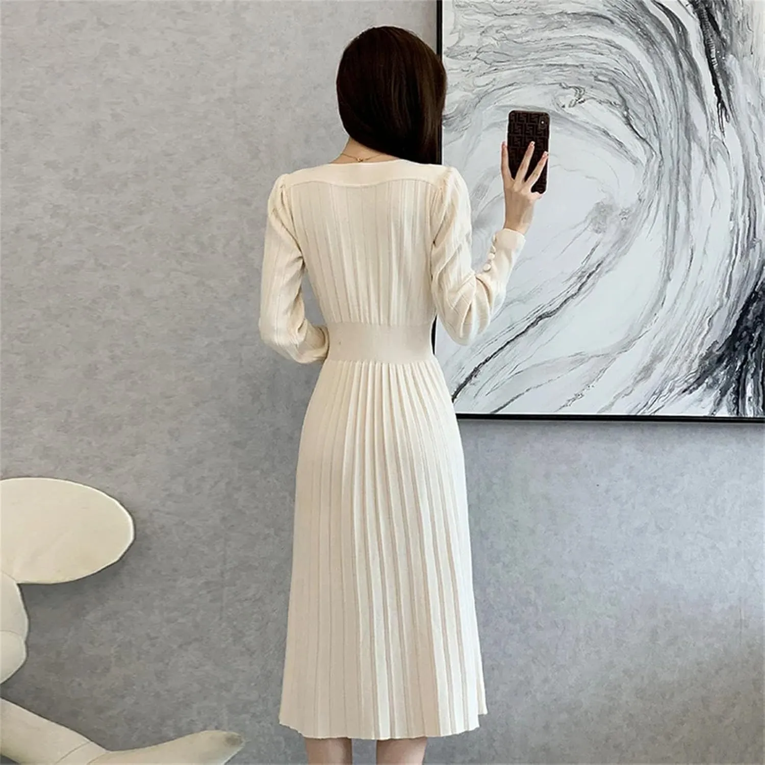 Women's Solid Knit Midi Dress - V-Neck Long Sleeve Button Slim Party
