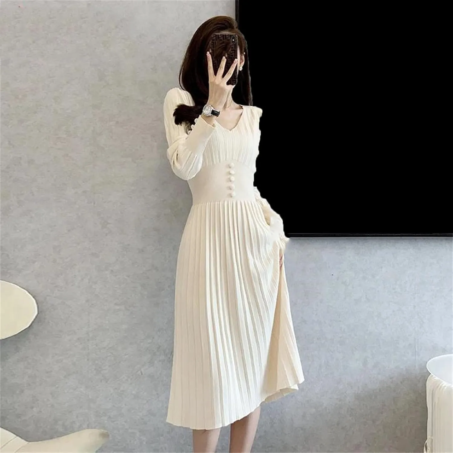 Women's Solid Knit Midi Dress - V-Neck Long Sleeve Button Slim Party