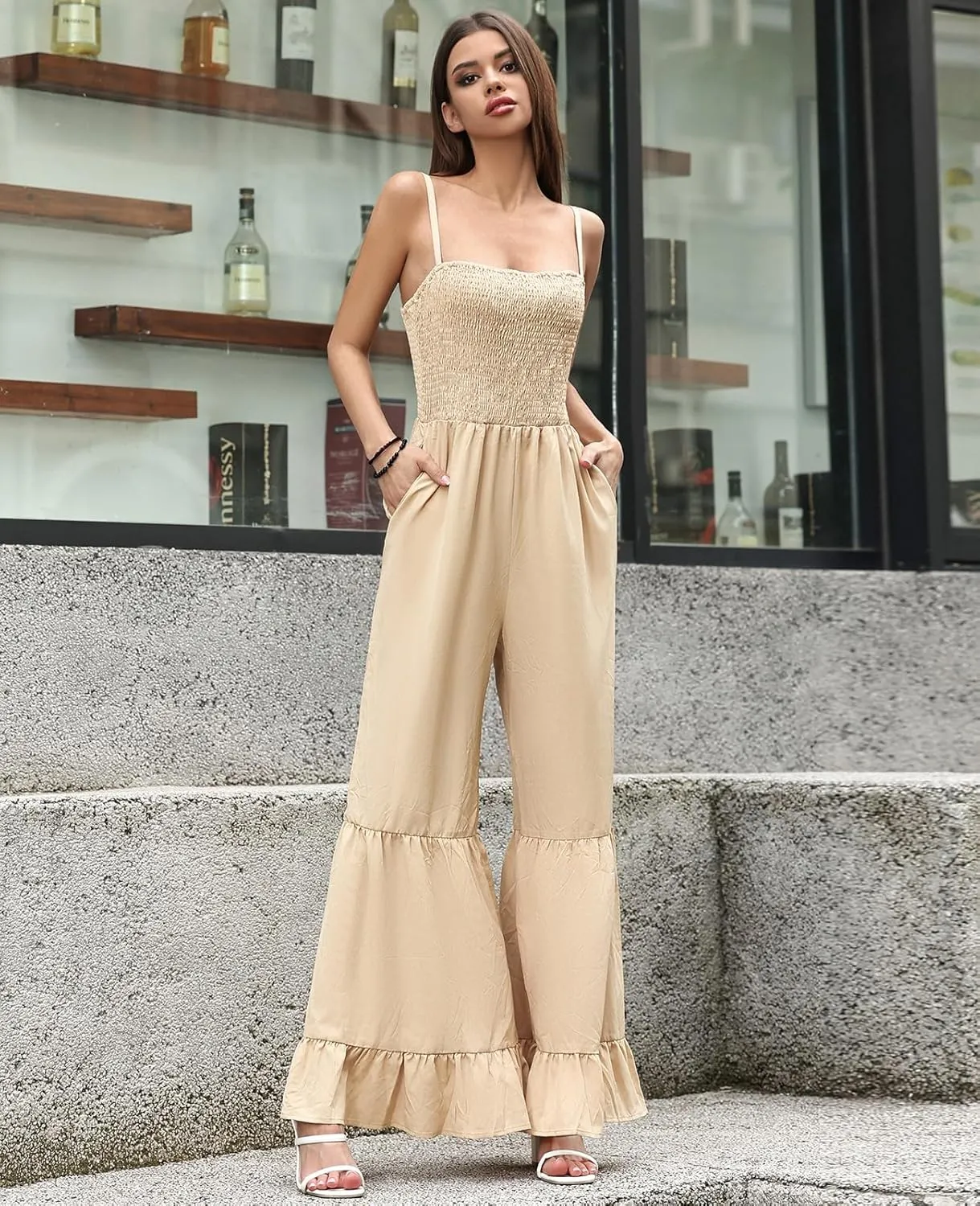 Women's Summer Casual Jumpsuits One Piece Sleeveless Smocked Rompers Loose High Waist Wide Leg Jumpers with Pocket