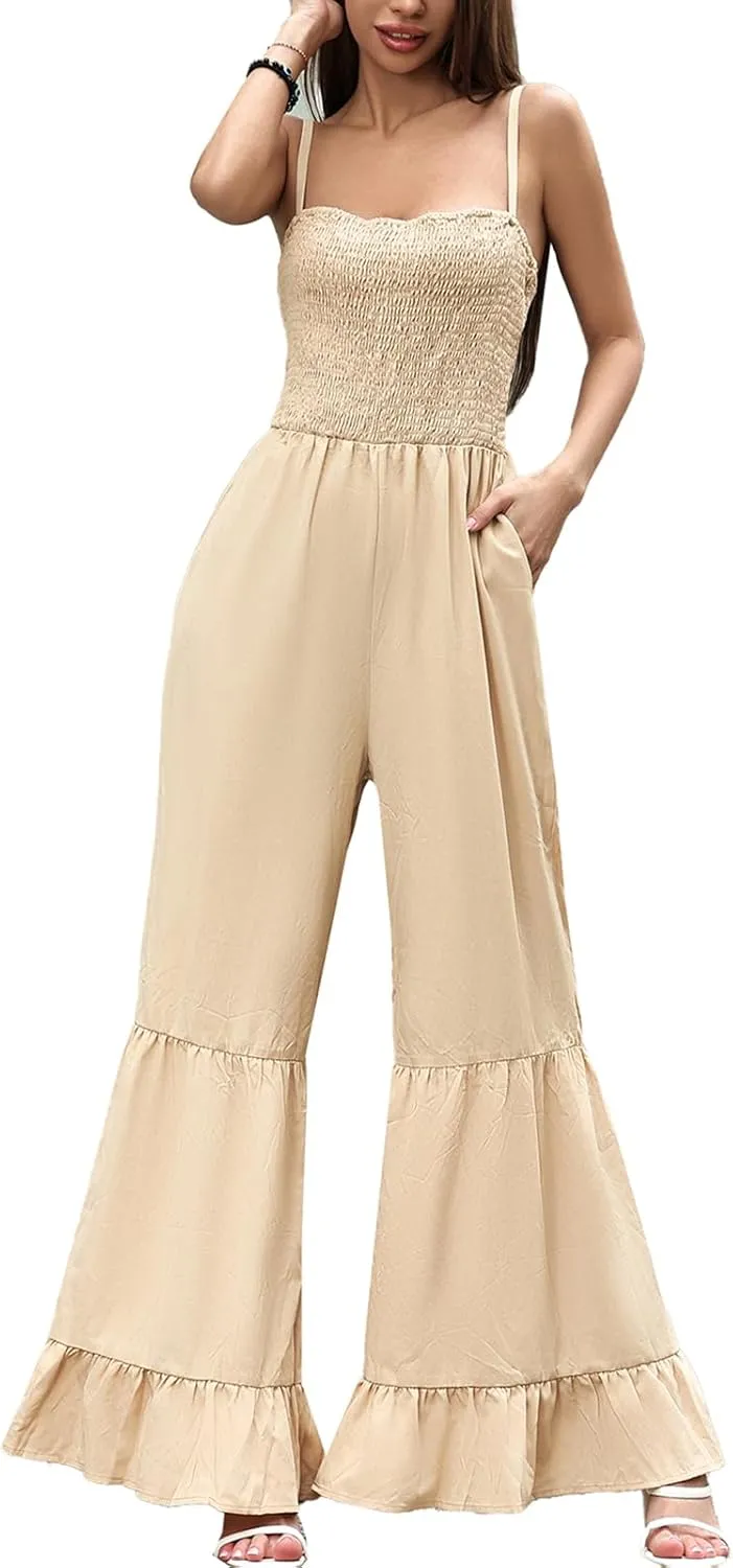 Women's Summer Casual Jumpsuits One Piece Sleeveless Smocked Rompers Loose High Waist Wide Leg Jumpers with Pocket