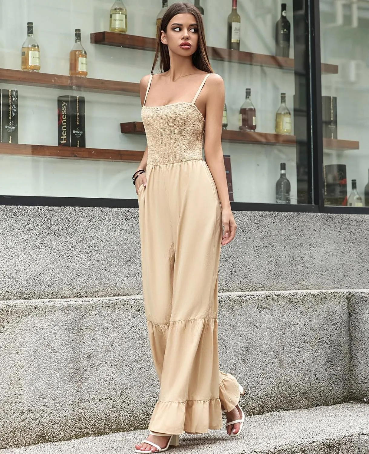 Women's Summer Casual Jumpsuits One Piece Sleeveless Smocked Rompers Loose High Waist Wide Leg Jumpers with Pocket