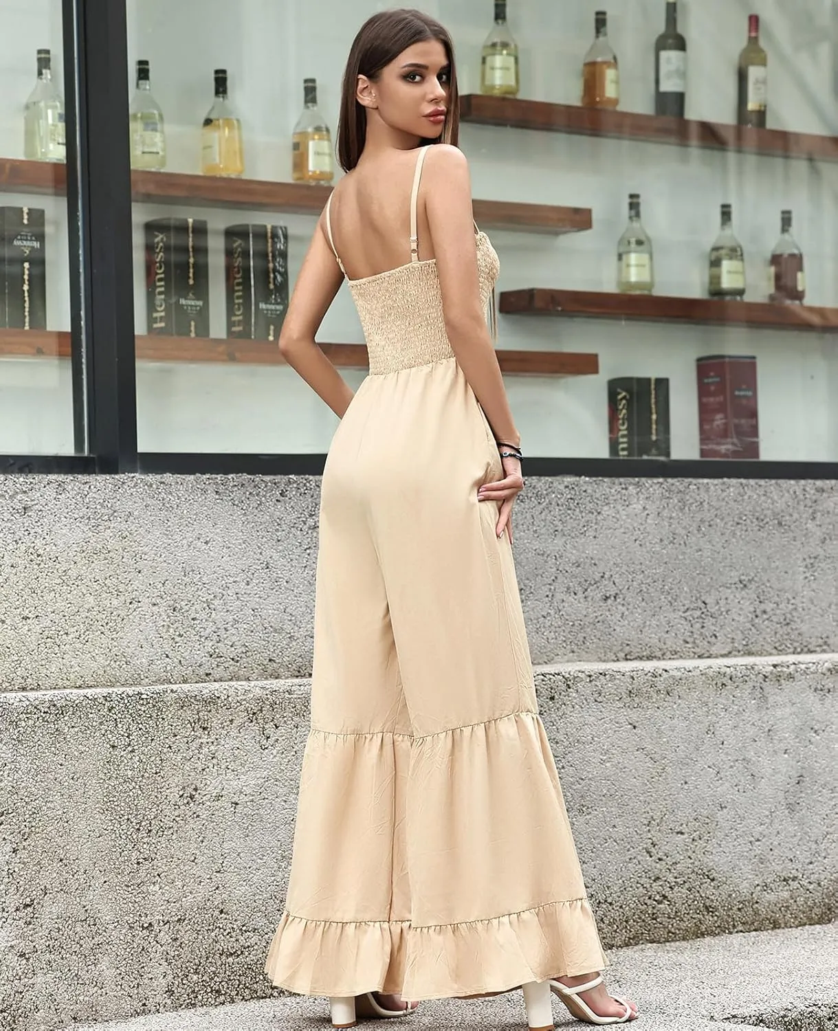 Women's Summer Casual Jumpsuits One Piece Sleeveless Smocked Rompers Loose High Waist Wide Leg Jumpers with Pocket