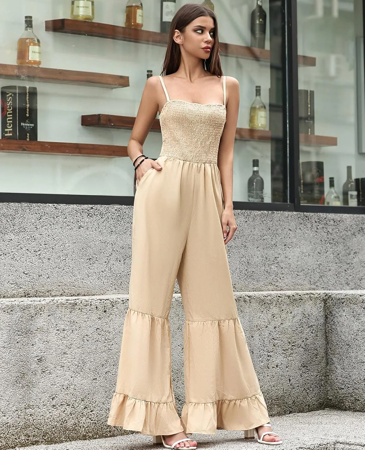 Women's Summer Casual Jumpsuits One Piece Sleeveless Smocked Rompers Loose High Waist Wide Leg Jumpers with Pocket