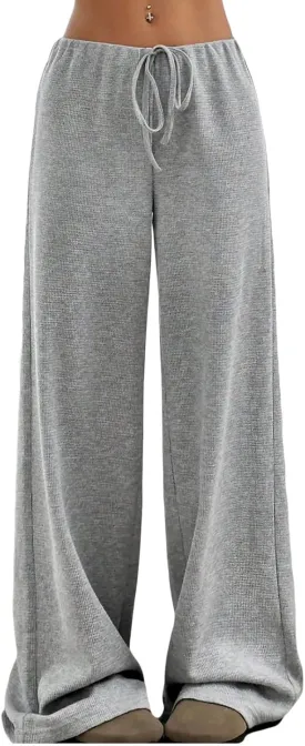 Wowcarbazole Women's Wide Leg Pants Striped Elastic High Waisted Casual Knit Palazzo Pants Drawstring Lounge Pajama Trousers